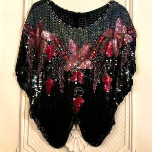 Vintage Iridescent 70s Sequin Disco Butterfly Cropped Boho Proncho
